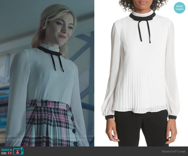 Pleated High Neck Chiffon Top by Ted Baker worn by The Frost Sisters (Skyler Samuels) on The Gifted