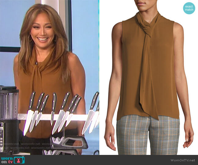 Draped Tie-Neck Sleeveless Classic Silk Georgette Shell by Theory  worn by Carrie Inaba on The Talk