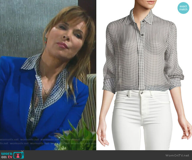 Gingham Essential Silk Button-Down Top by Theory worn by Kate Roberts (Lauren Koslow) on Days of our Lives