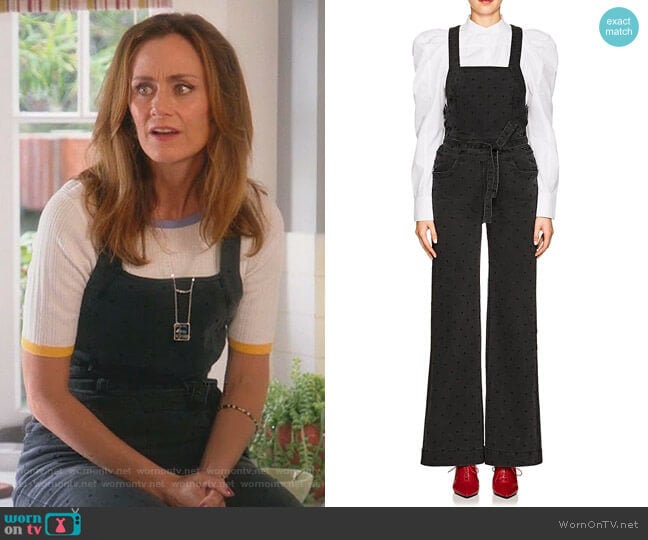 WornOnTV: Maya’s white ribbed top and dot-embroidered overalls on ...