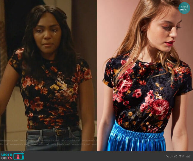Floral Velvet Tee by Urban Outfitters worn by Jennifer Pierce (China Anne McClain) on Black Lightning