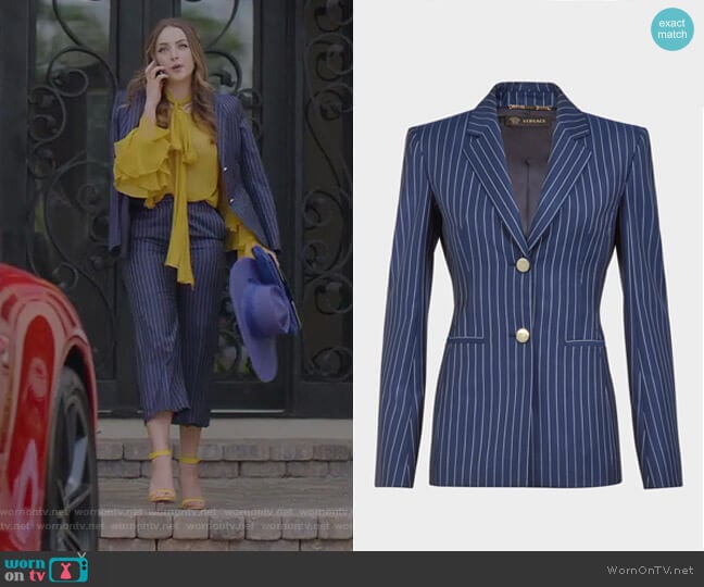 Pin Stripe Wool Blazer by Versace worn by Fallon Carrington (Elizabeth Gillies) on Dynasty