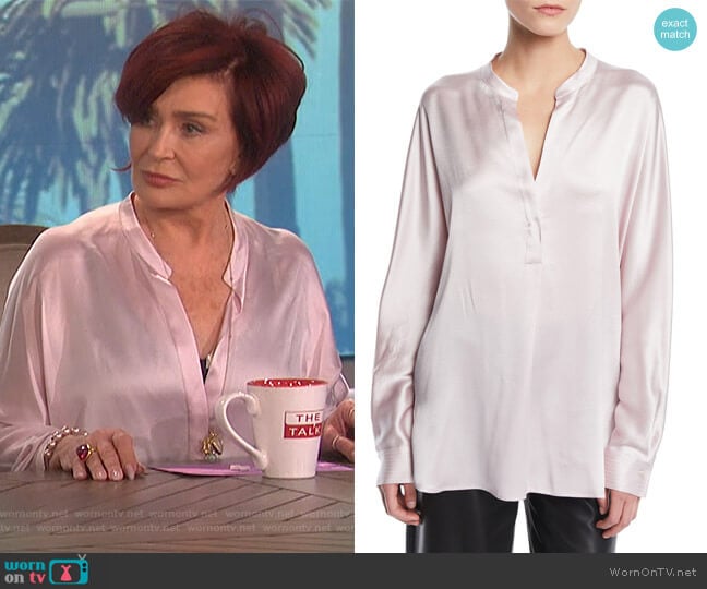 Split-Neck Long-Sleeve Silk Satin Blouse by Vince worn by Sharon Osbourne on The Talk