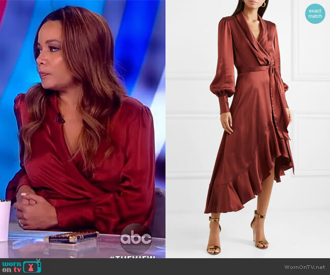 Ruffled silk-satin wrap dress by Zimmerman worn by Sunny Hostin on The View