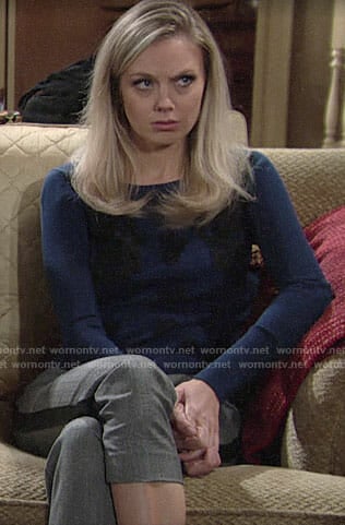 Abby’s blue sweater and plaid side-stripe pants on The Young and the Restless