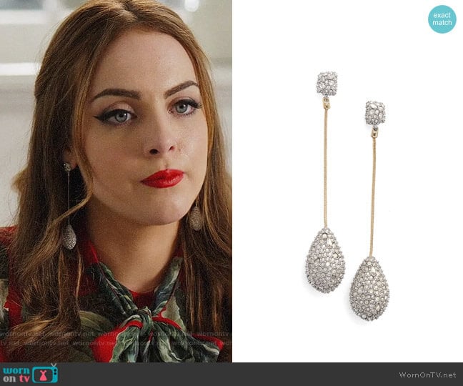 Alexis Bittar Elements Long Teardrop Earrings worn by Fallon Carrington (Elizabeth Gillies) on Dynasty