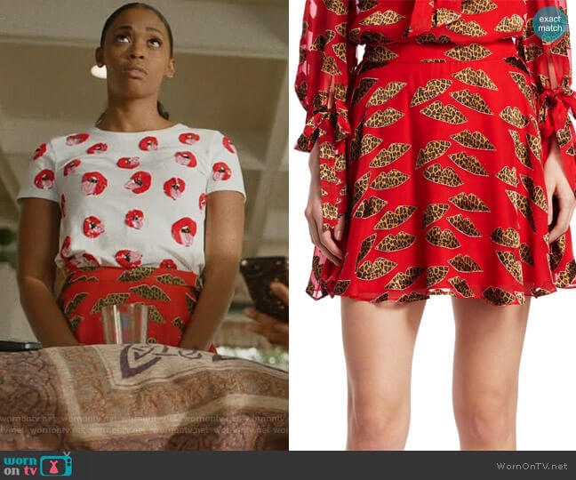 X Donald Blaise Printed Skater Skirt by  Alice + Olivia worn by Anissa Pierce (Nafessa Williams) on Black Lightning