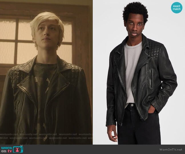 Cargo Leather Biker Jacket by All Saints worn by Andy Strucker (Percy Hynes White) on The Gifted