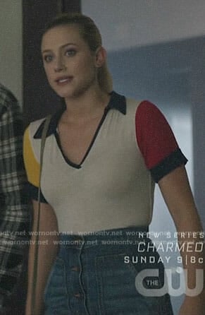 Betty’s colorblock polo top and denim skirt on Riverdale