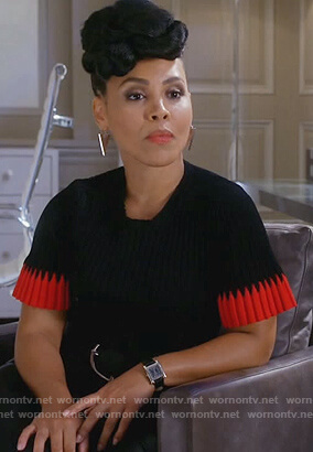 Tegan’s black and red ribbed top on How to Get Away with Murder