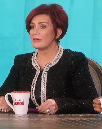 Sharon’s black metallic jacket on The Talk