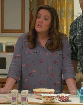 Katie's purple floral print blouse on American Housewife