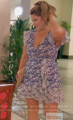 Emily's blue floral wrap mini dress on The Real Housewives of Orange County