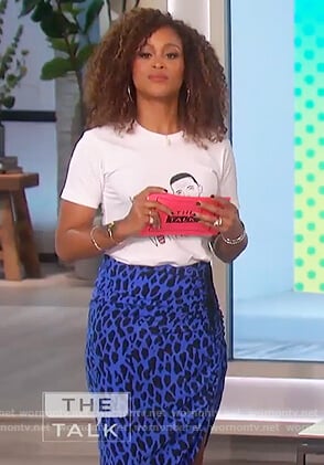 Eve’s blue leopard print skirt and white tee on The Talk