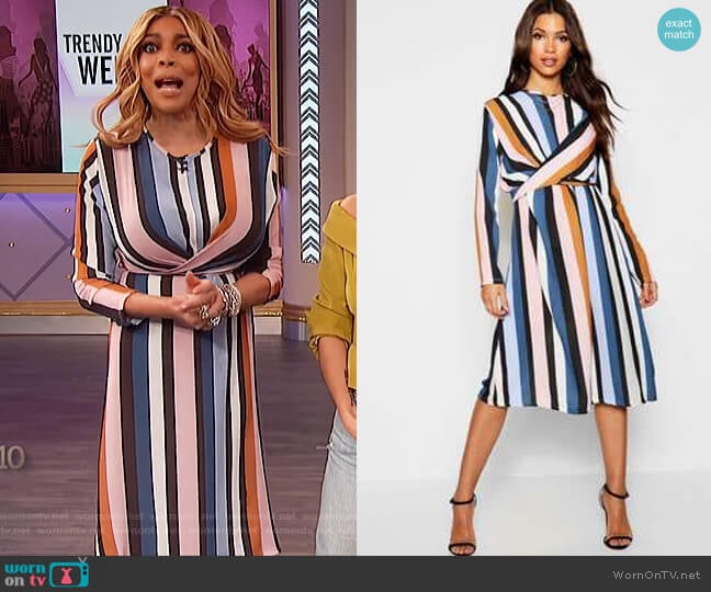 Stripe Wrap Woven Tie Waist Detail Dress by Boohoo worn by Wendy Williams on The Wendy Williams Show