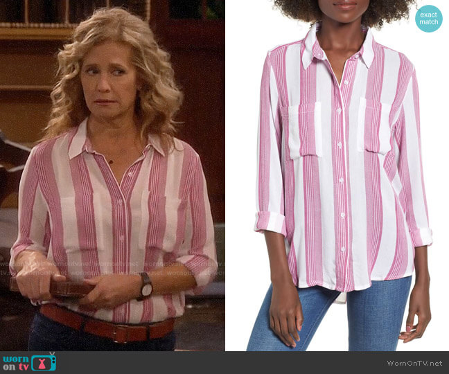 BP The Perfect Shirt in Pink Plumier Alissa Stripe worn by Vanessa Baxter (Nancy Travis) on Last Man Standing