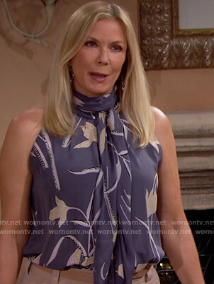 Brooke’s blue floral tie-neck top on The Bold and the Beautiful