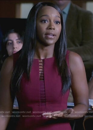 Michaela’s red ladder trim sheath dress on How to Get Away with Murder