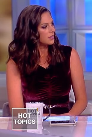 Abby's maroon velvet sleeveless jumpsuit on The View