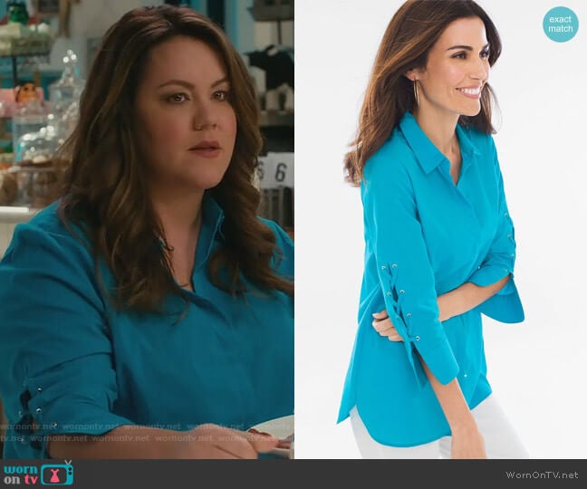 Lace-up Sleeve Shirt by Chicos worn by Katie Otto (Katy Mixon) on American Housewife