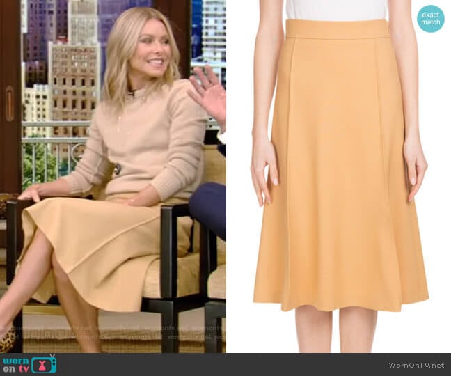 Mid-Calf A-Line Stretch-Wool Skirt by Chloe worn by Kelly Ripa on Live with Kelly and Mark