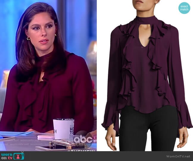 Sia Choker Ruffled Bell-Sleeve Silk Blouse by Cinq a Sept worn by Abby Huntsman on The View