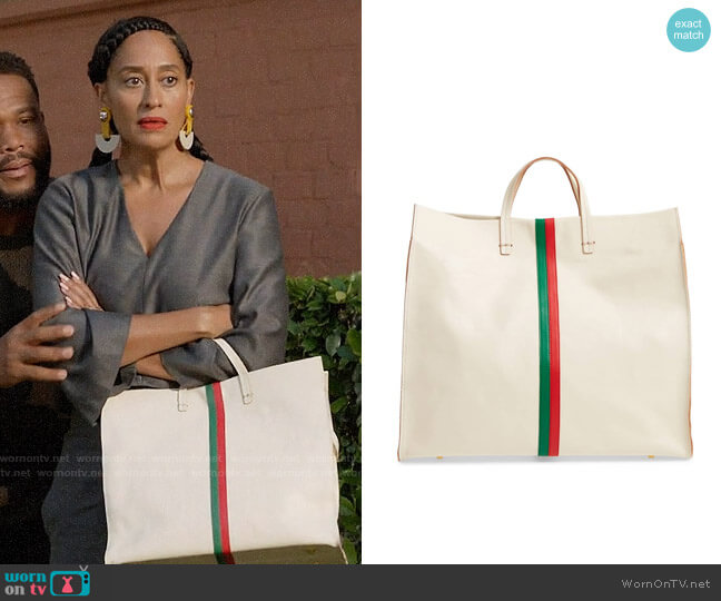 Clare V Simple Stripe Leather Tote worn by Rainbow Johnson (Tracee Ellis Ross) on Blackish