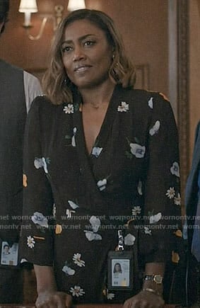 Daisy's black floral wrap dress on Madam Secretary