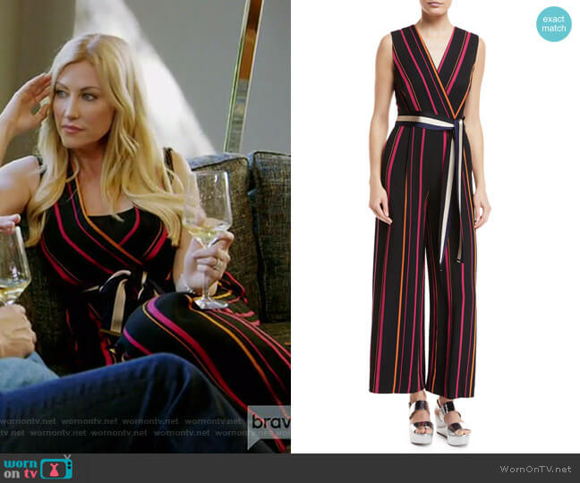 Sleeveless Crossover Wide-Leg Striped Jumpsuit by Diane von Furstenberg worn by Stephanie Hollman on The Real Housewives of Dallas