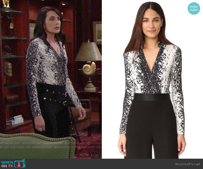 Diane von Furstenberg New Jeanne Bodysuit in Stella Black worn by Quinn Fuller (Rena Sofer) on The Bold and the Beautiful