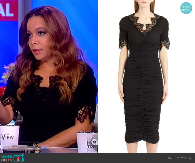 Crocheted lace-trimmed ruched silk-blend georgette dress by Dolce & Gabbana worn by Sunny Hostin on The View