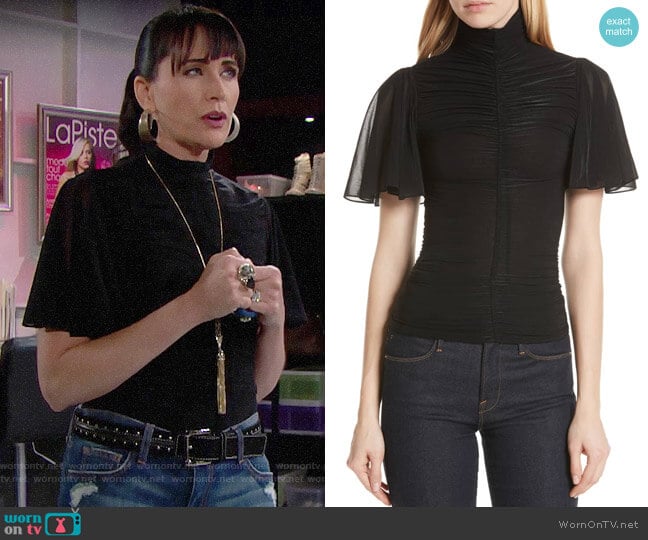 Diane von Furstenberg Mock Neck Ruched Blouse worn by Quinn Fuller (Rena Sofer) on The Bold and the Beautiful