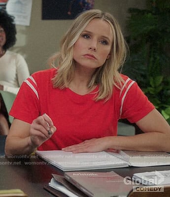 Eleanor’s red striped sleeve tee on The Good Place
