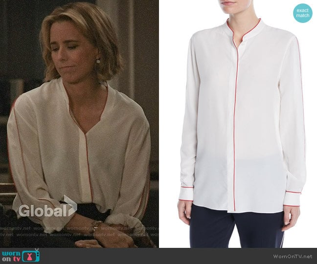 Escada Nimowa Collarless Button-Down Shirt worn by Elizabeth McCord (Téa Leoni) on Madam Secretary