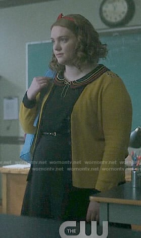 Ethel's yellow floral back cardigan and embroidered collar dress on Riverdale