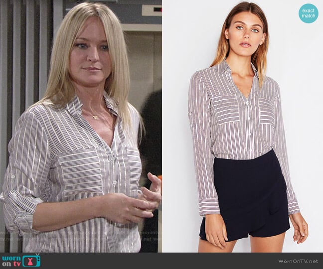 Express Slim Fit Gold Metallic Striped Portofino Shirt worn by Sharon Newman (Sharon Case) on The Young and the Restless