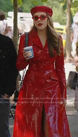 Fallon’s red patent leather coat on Dynasty