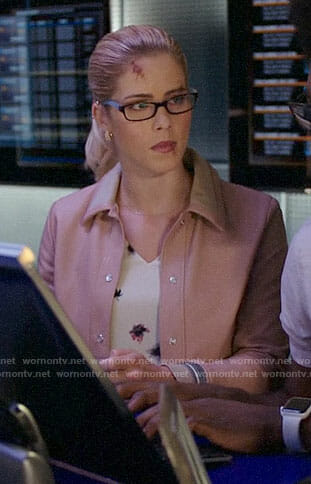 Felicity’s floral top and pink leather bomber jacket on Arrow