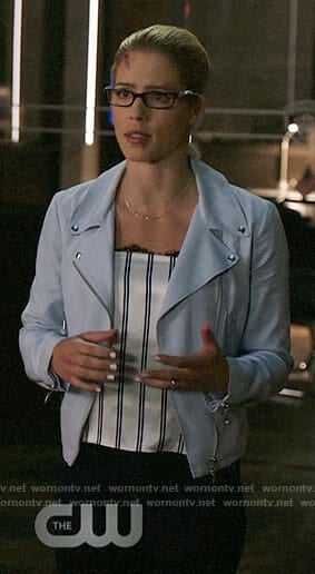 Felicity’s striped lace-trim top and moto jacket on Arrow