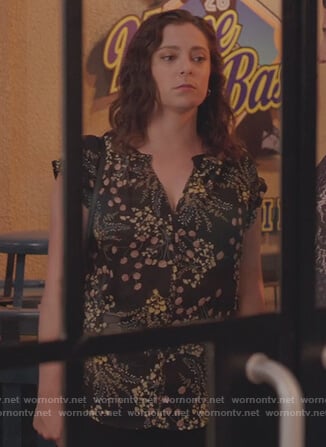 Rebecca's black floral print top on Crazy Ex Girlfriend