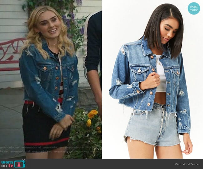 Cropped Distressed Denim Jacket by Forever 21 worn by Taylor Otto (Meg Donnelly) on American Housewife