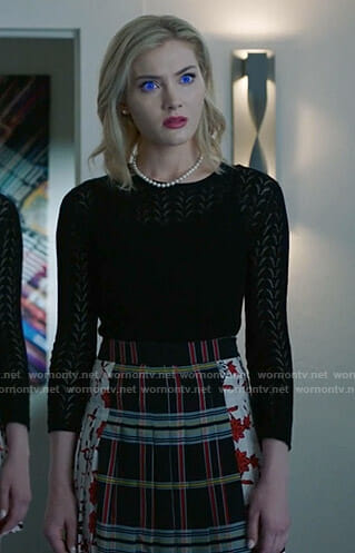The Frost Sisters' black sweater and check pleated mini skirt on The Gifted