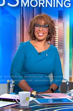 Gayle’s blue asymmetric v-neck dress on CBS This Morning