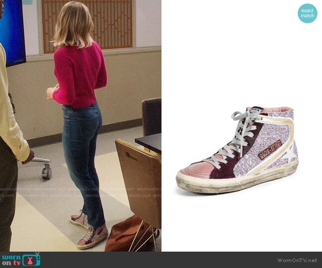 Golden Goose Slide Sneakers in Cyclamen/White worn by Eleanor Shellstrop (Kristen Bell) on The Good Place