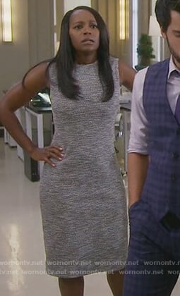 Michaela's gray tweed sheath dress on How to Get Away with Murder