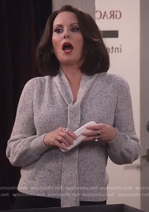 Karen’s gray tie front sweater on Will and Grace