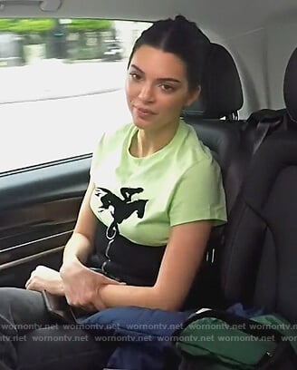 Kendall's green horse print t-shirt on Keeping Up with the Kardashians
