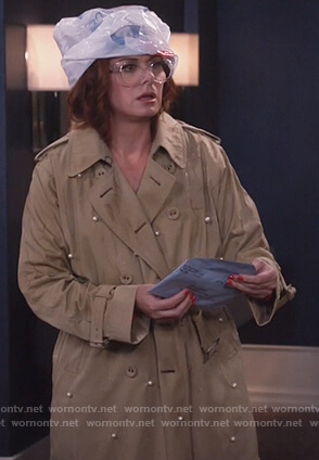 Grace's pearl embellished trench coat on Will and Grace