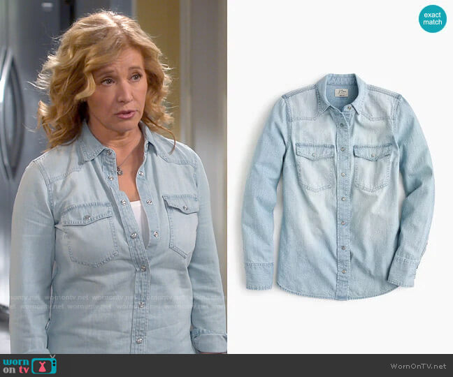 J. Crew Western shirt in light wash worn by Vanessa Baxter (Nancy Travis) on Last Man Standing