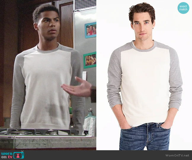 J. Crew Cotton-cashmere piqué crewneck baseball sweater worn by Charlie Ashby (Noah Alexander Gerry) on The Young and the Restless